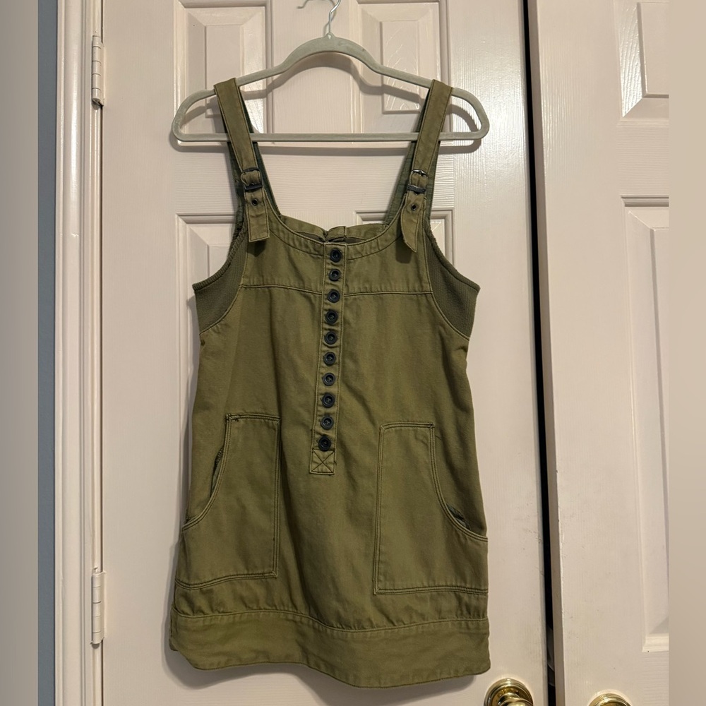 Free People Olive Green Button-Front Pinafore Mini Dress